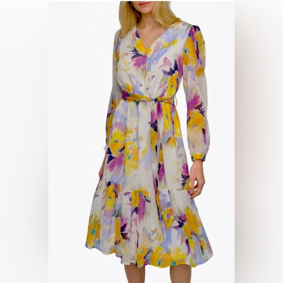 New! DKNY Women's Long Sleeve V-Neck Tie Waist Midi Dress Floral Size 10 - Picture 1 of 13